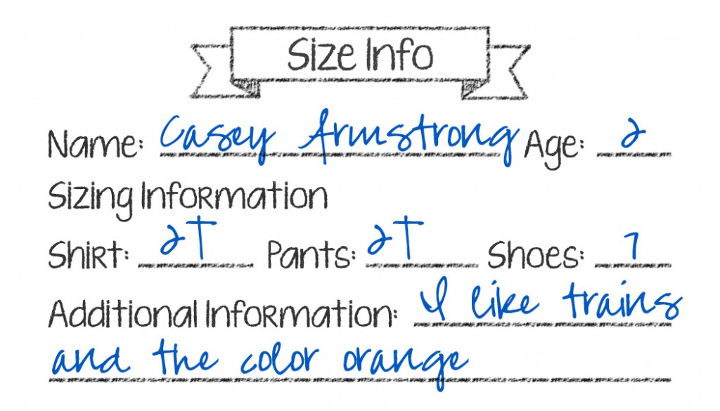Sizing Information Cards (Sample)